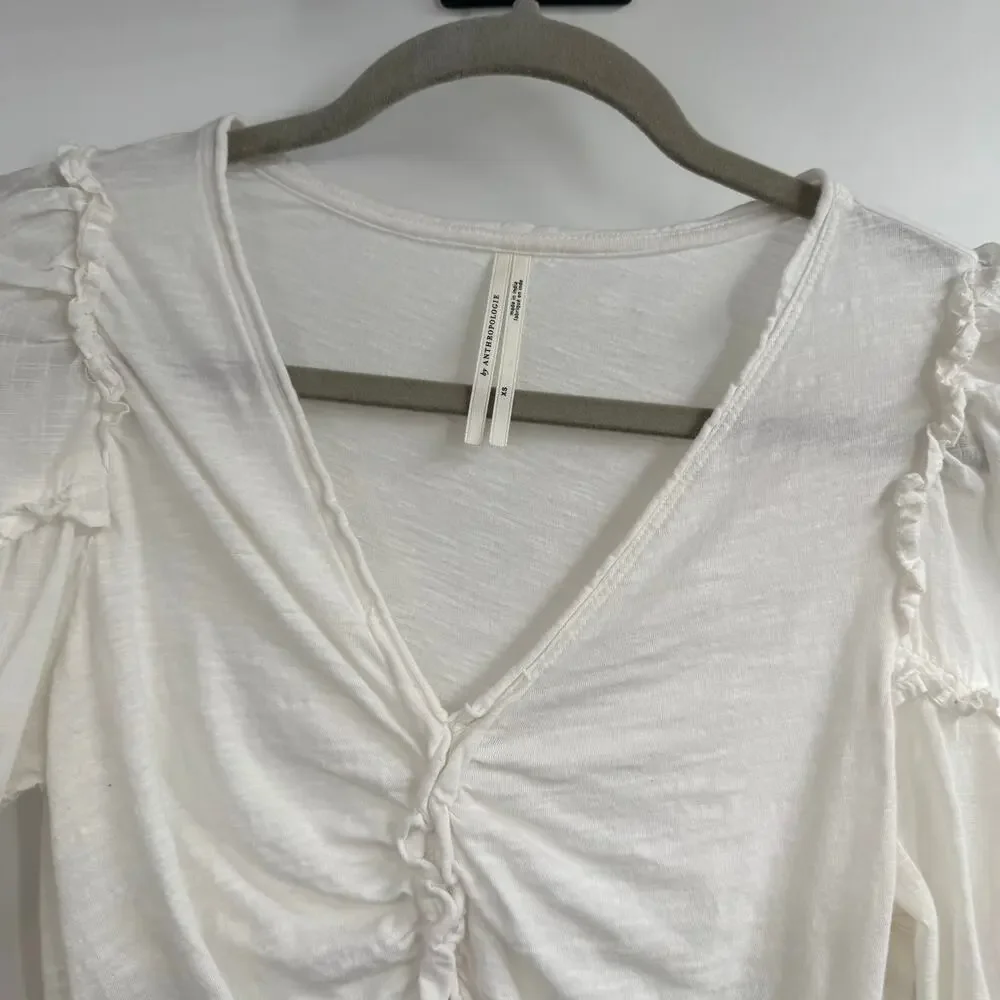 Anthropologie 100% Cotton Blouse Top Womens XS White Puff Sleeve V-Neck Ruffle